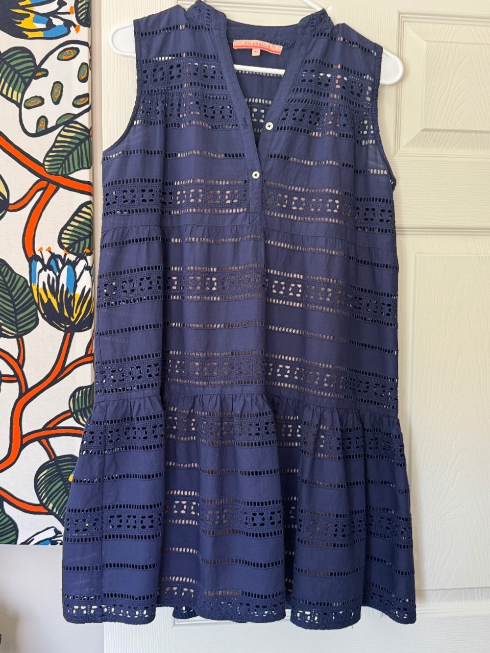 VILAGALLO NAVY EYELET SLEEVELESS DRESS WITH SEPARATE SLIP